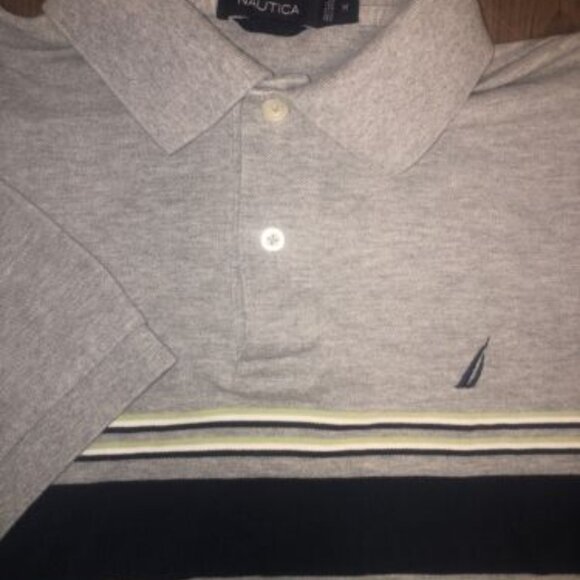 Nautica Polo Button Up Shirt Adult M Gray/Blue Striped Logo Men Great Condition - Picture 1 of 8